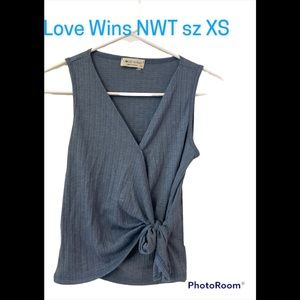 Love Wins Blue sz XS Top Deep V- Neck NWT Sleeveless Ribbed Knot Detail Modest
